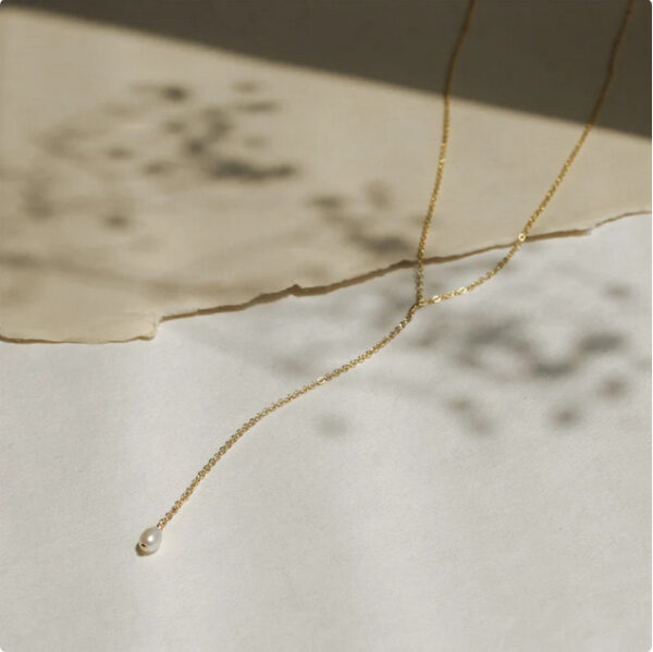 Tiny Oval Pearl Lariat Necklace - Image 2